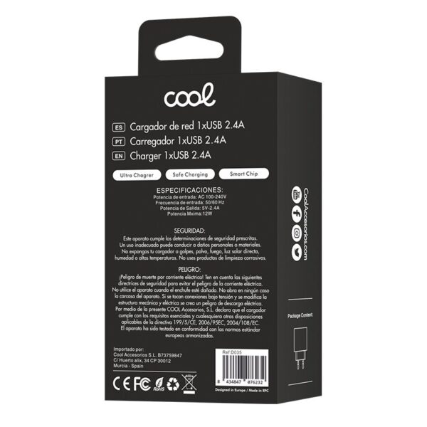 Cargador Red Adaptador 1x USB Universal COOL (2.4 Amp) Blanco - Imagen 3