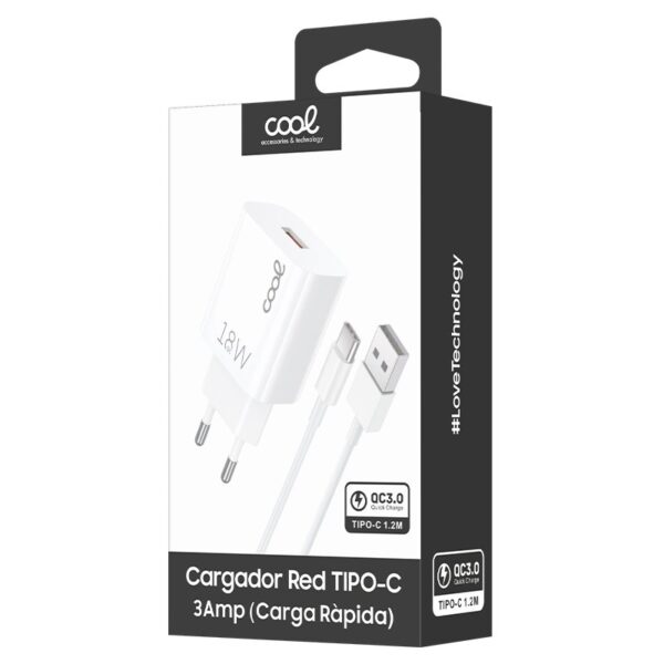 Cargador Red Conector Tipo-C Universal 3Amp (Carga Rápida) COOL Kit 2 en 1 Blanco - Imagen 2