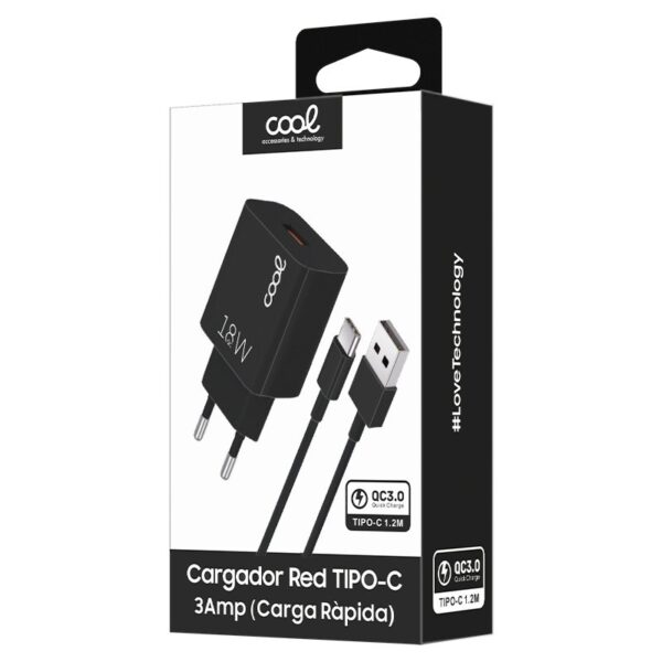 Cargador Red Conector Tipo-C Universal 3Amp (Carga Rápida) COOL Kit 2 en 1 Negro - Imagen 2